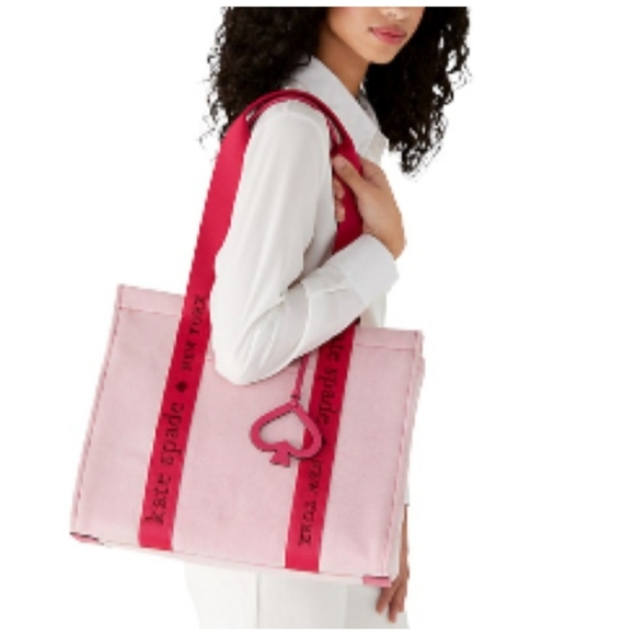KATE SPADE Pink Kip Large CANVAS TOTE with Spade Charm and Signature Strap - Picture 13 of 17